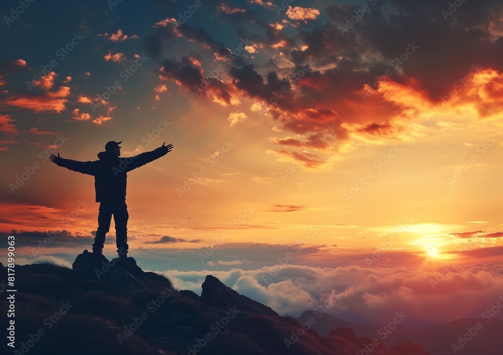 Adventurous Man Embracing Sunset on Mountain Peak, Feeling of Freedom