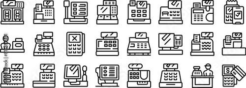 Cashier machine vector icon. A series of black and white icons of various types of cash registers. The icons include a cash register with a person, a cash register with a person and a card reader, a photo
