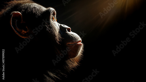 Stunning close-up portrait of a contemplative chimpanzee in its natural habitat, captured in the lush rainforests. This image highlights the expressive eyes and detailed features, showcasing photo