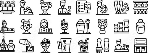 Bartender making cocktail vector icon. A series of black and white icons depicting various food and drink related items. The icons include a person pouring a drink, a person holding a cup, a person