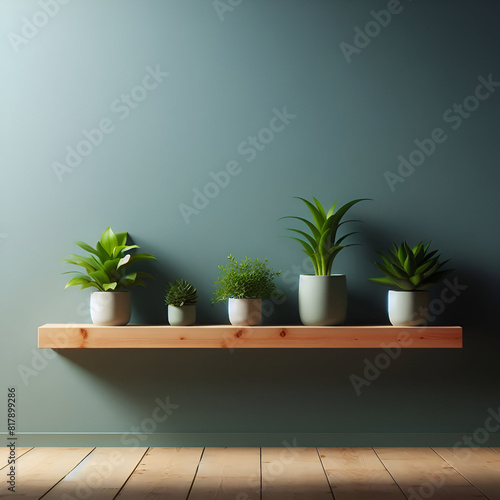 Of plants on a green wall with wooden floor © AKIBUN