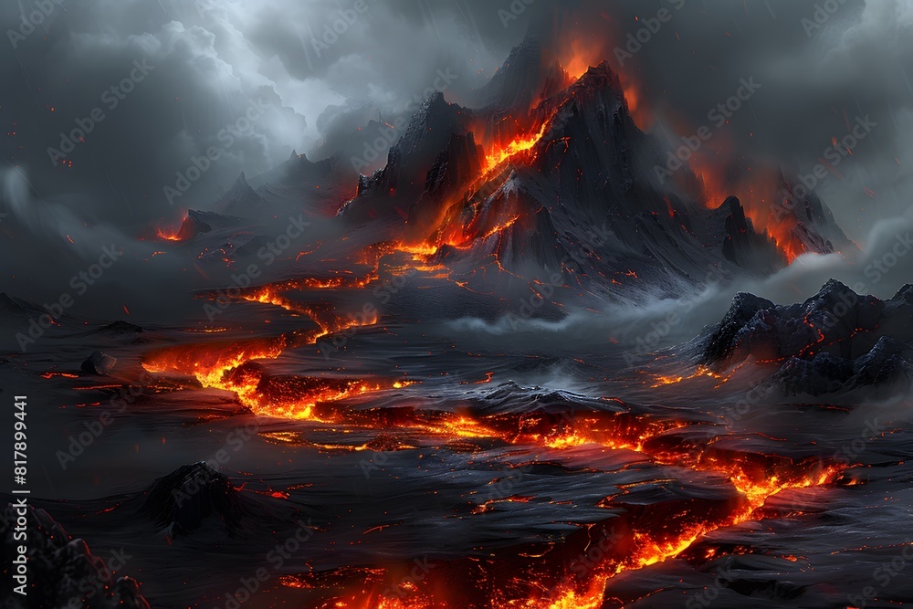 Apocalyptic Volcanic Eruption with Lava Flows and Stormy Clouds Apocalyptic Volcanic Eruption with Lava Flows and Stormy Clouds