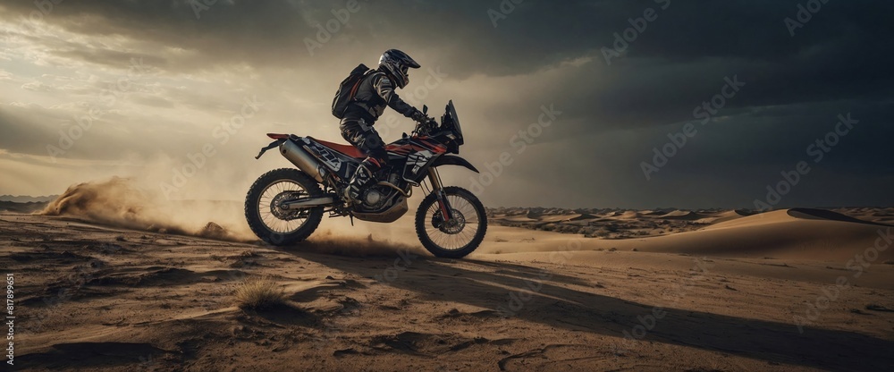 Obraz premium Rally Biker racing through the desert on his rally motorcycle. Rally hard enduro motorcycle promotion picture. Rally motorcycle components advertising picture. Generative AI.
