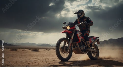 Rally Biker racing through the desert on his rally motorcycle. Rally hard enduro motorcycle promotion picture. Rally motorcycle components advertising picture. Generative AI.