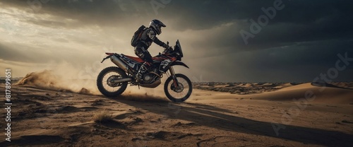 Rally Biker racing through the desert on his rally motorcycle. Rally hard enduro motorcycle promotion picture. Rally motorcycle components advertising picture. Generative AI. © 3DStock
