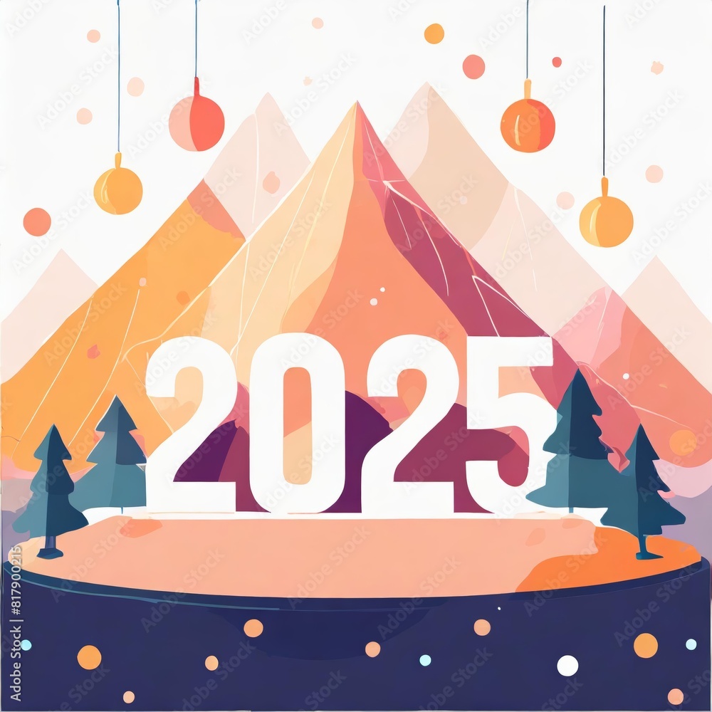 Modern geometric 2025 design with a mountain landscape in pastel colors for a futuristic New Year celebration Modern geometric 2025 design with a mountain landscape in pastel colors for a futuristic New Year celebration