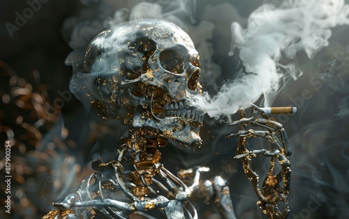 Mystical golden skeleton with a cigarette in a dark smoky ambiance