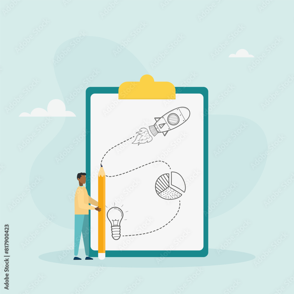 Strategic planning concept. A man analyzes data statistics, creates a development plan, improves strategy. Vector illustration.
Strategic planning concept. A man analyzes data statistics, creates a development plan, improves strategy. Vector illustration.