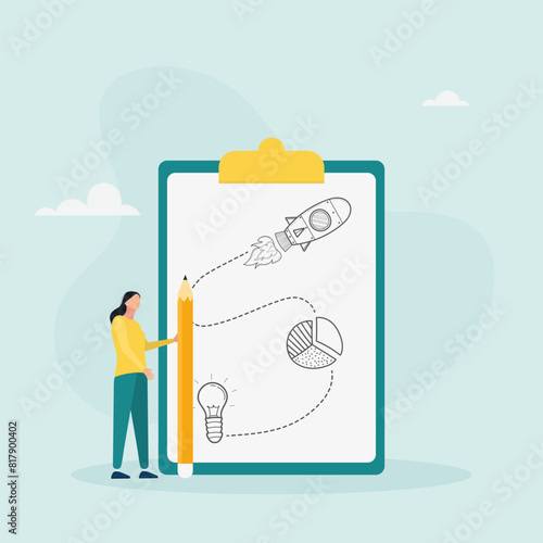 Strategic planning concept. A woman analyzes data statistics, creates a development plan, improves strategy. Vector illustration.

