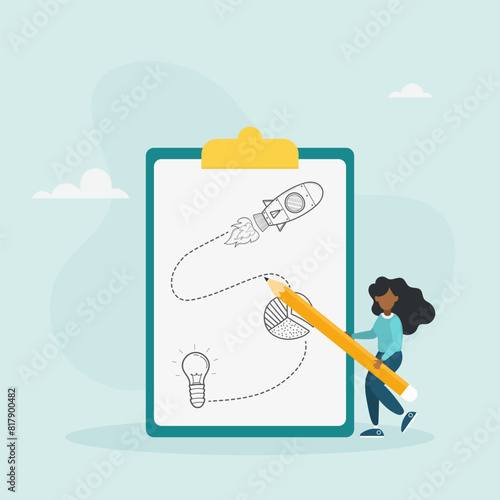 Strategic planning concept. A woman analyzes data statistics, creates a development plan, improves strategy. Vector illustration.
