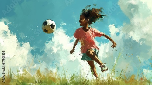 A joyful girl plays soccer, smiling widely under the sunny sky. © Nattakun