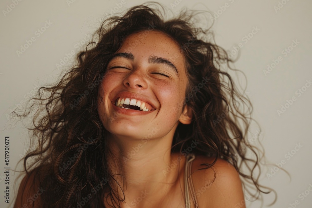 Joyful Young Woman with Curly Hair Laughing Heartily in Studio Joyful Young Woman with Curly Hair Laughing Heartily in Studio