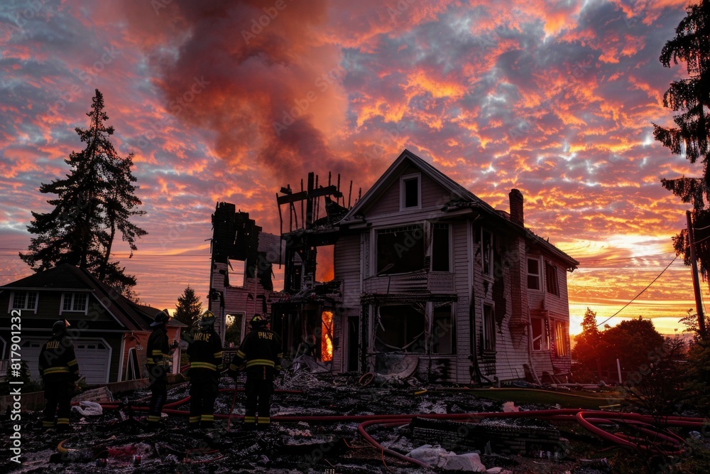Firefighters Battling House Blaze at Sunset, A Dramatic Rescue Operation Firefighters Battling House Blaze at Sunset, A Dramatic Rescue Operation