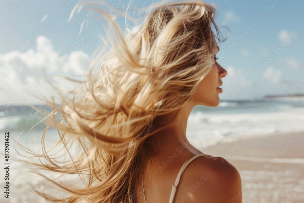 Blonde Woman Embracing Seaside Breeze on Sunny Beach Blonde Woman Embracing Seaside Breeze on Sunny Beach