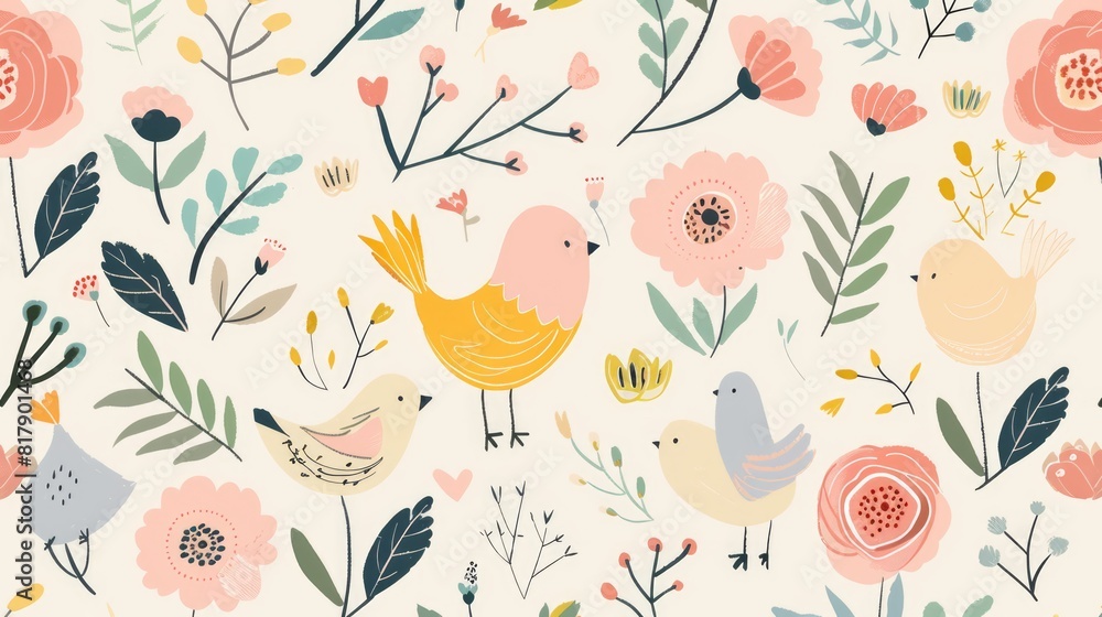 Childish Whimsical Floral and Bird Illustration Pattern with Pastel Colors for Charming Textile Design
