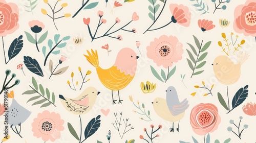 Childish Whimsical Floral and Bird Illustration Pattern with Pastel Colors for Charming Textile Design 