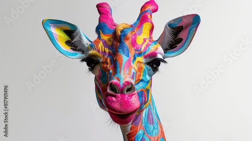 Whimsical Giraffe Portrait with Vibrant Colors and Playful Expression