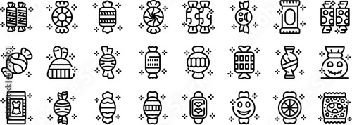 Candy wrappers vector icon. A collection of candy and food icons in black and white. The icons include a watch, a ball, a bag, and a candy