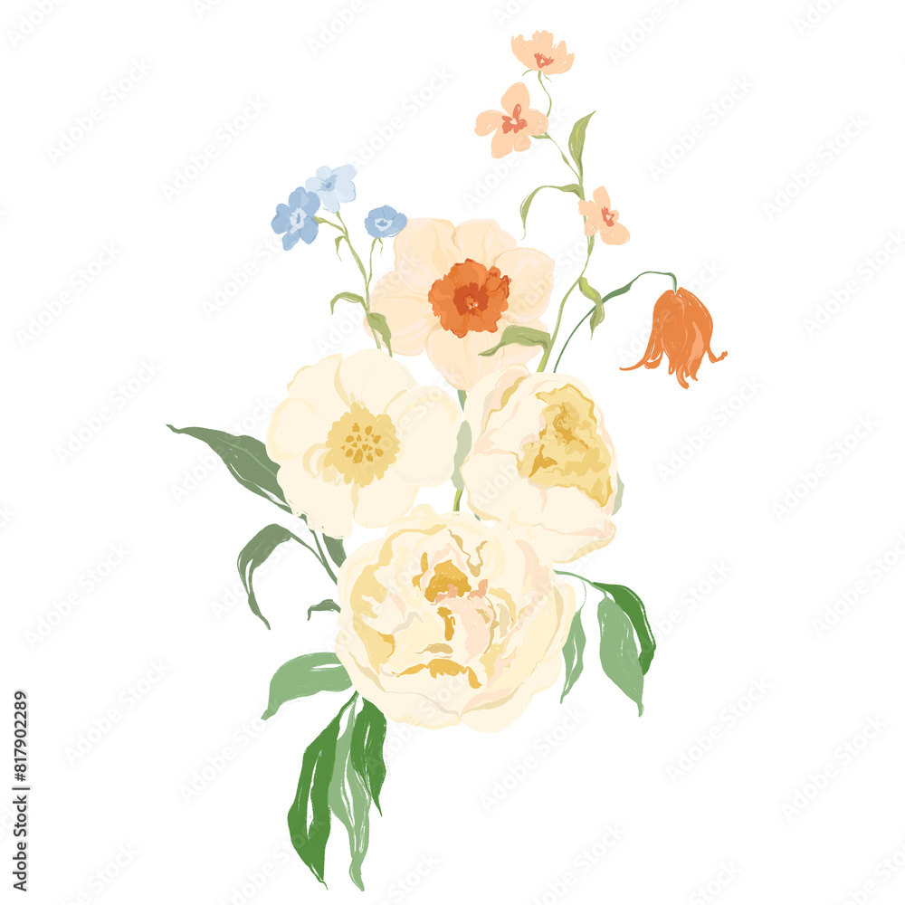 Obraz premium Watercolor abstract flower bouquet of narcissus, peony, tulip and forget-me-not. Hand painted wildflowers isolated on white background. Holiday Illustration for design, print, fabric or background.