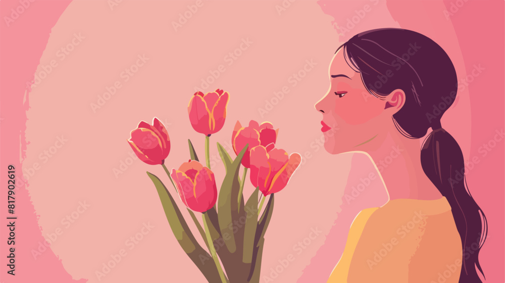 Stylish young woman with bouquet of tulips on pink background