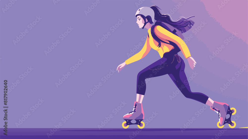Stylish young woman with roller skates on purple background