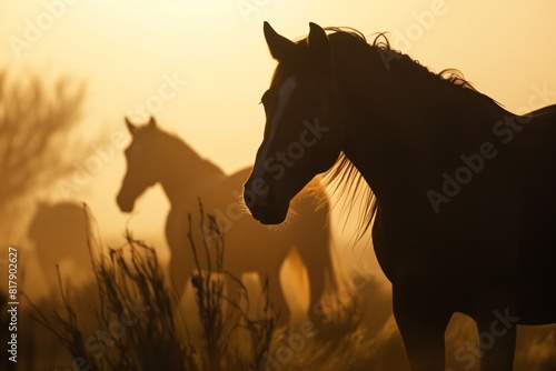 Silhouette of horses standing in a field during a golden sunset  creating a warm and serene atmosphere.
