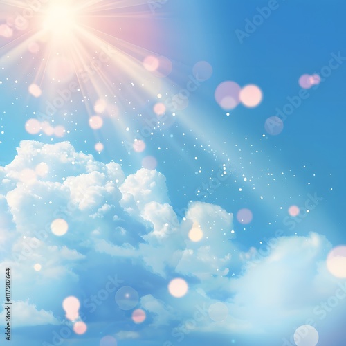 A blue sky with white clouds and a bright sun. © princess
