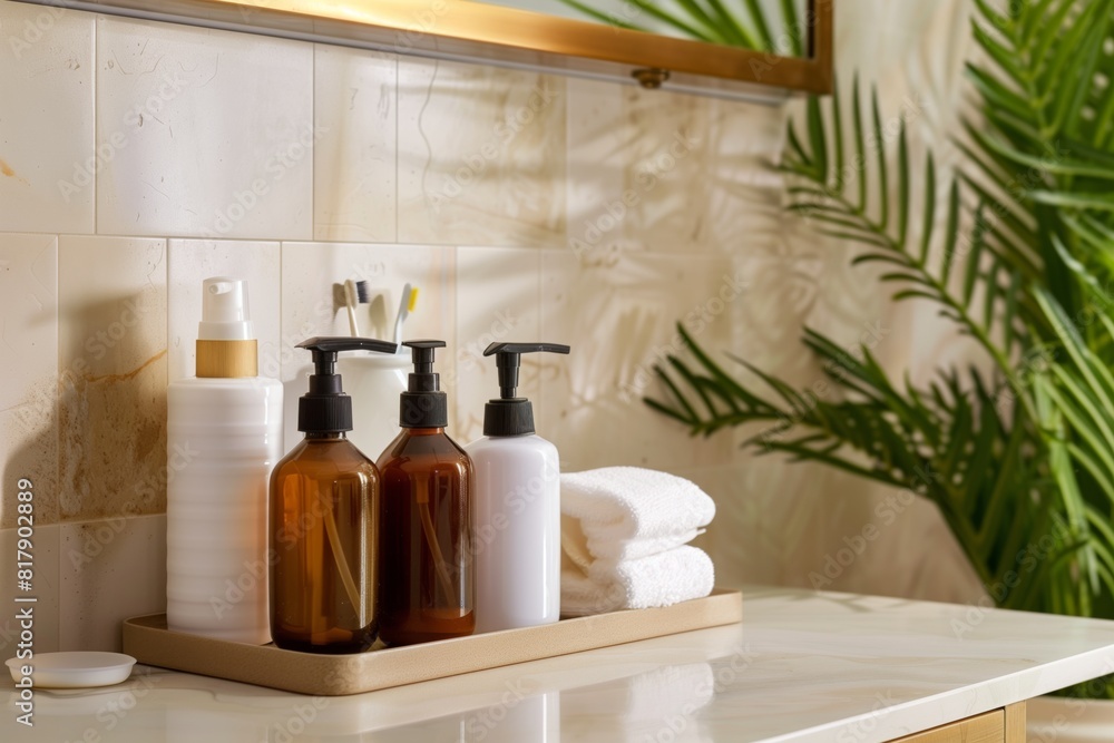 Modern bathroom countertop with soap dispensers, lotion bottles, white folded towels, and green tropical plants.