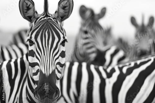Close-up image of a group of zebras with focus on one zebra's face, showcasing their distinct black and white stripes.