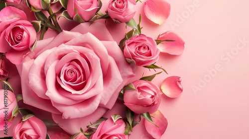 Pink roses and petals on pink background. Top view  copy space