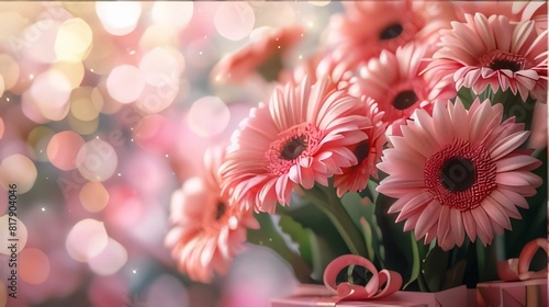 Bouquet of pink gerbera daisies on bokeh background