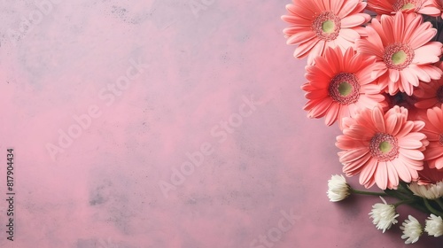 Pink gerbera flowers on pink background with copy space. Top view