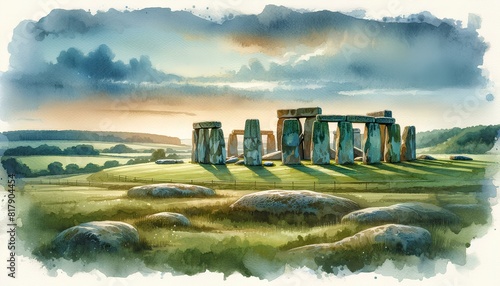 watercolor painting featuring the significant landmark of Stonehenge, set against a serene backdrop of lush green fields and rolling hills. photo