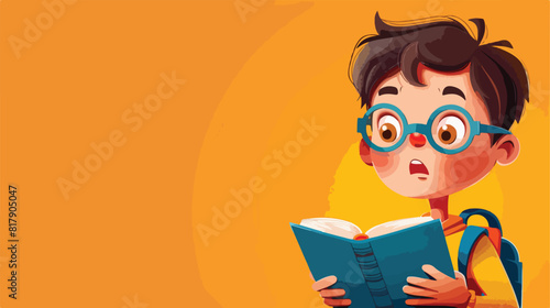 Surprised little schoolboy with book on color background © Casa
