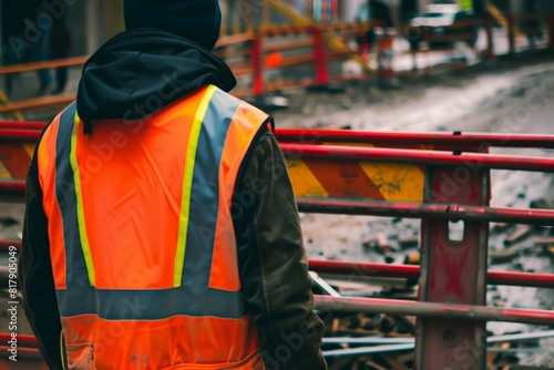 A construction worker wearing a high-visibility safety vest stands near a construction site with barricades and equipment. photo