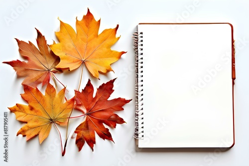Autumn composition. Watercolor paint and brushes  open blank spirale sketchbook  colored pencils and autumn maple fall leaves on white desk background.
