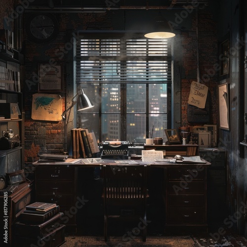 Dimly Lit Vintage Detective s Office Workspace with Typewriter and Moody Atmosphere