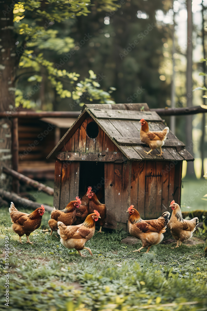 Fototapeta premium Sunny Day at Farm with Free-Range Chickens by Wooden Coop 