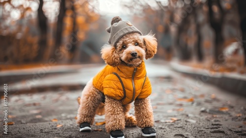 a brown poodle dressed in a snug yellow down jacket and a stylish black hat, showcasing the artistry of high-definition pet photography. photo