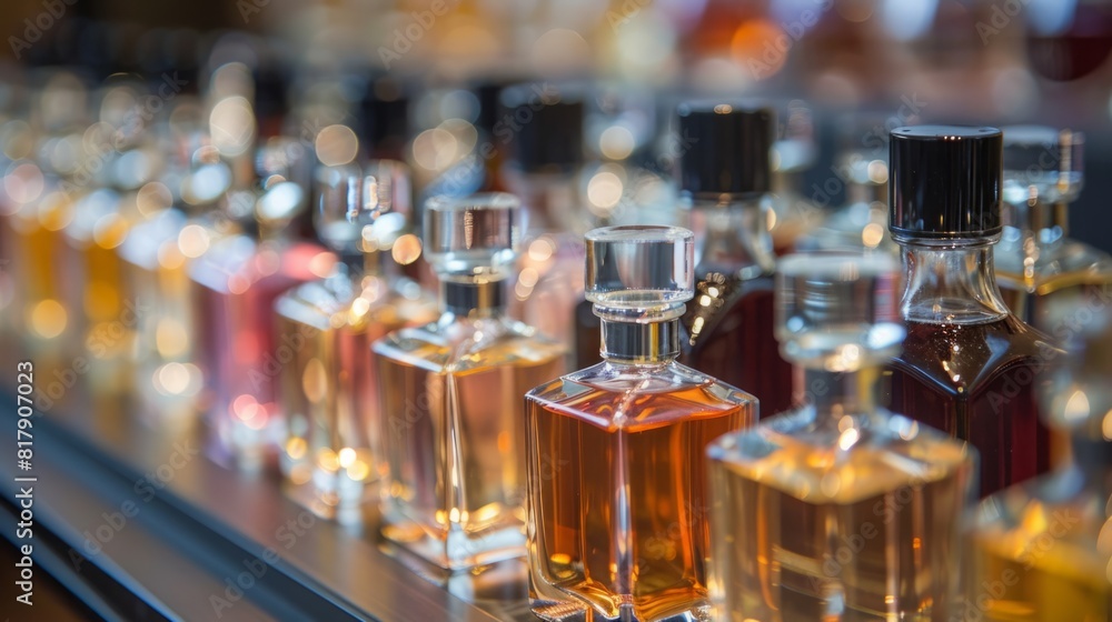 A straight row of various perfume bottles neatly arranged on a shelf in a store. A straight row of various perfume bottles neatly arranged on a shelf in a store.