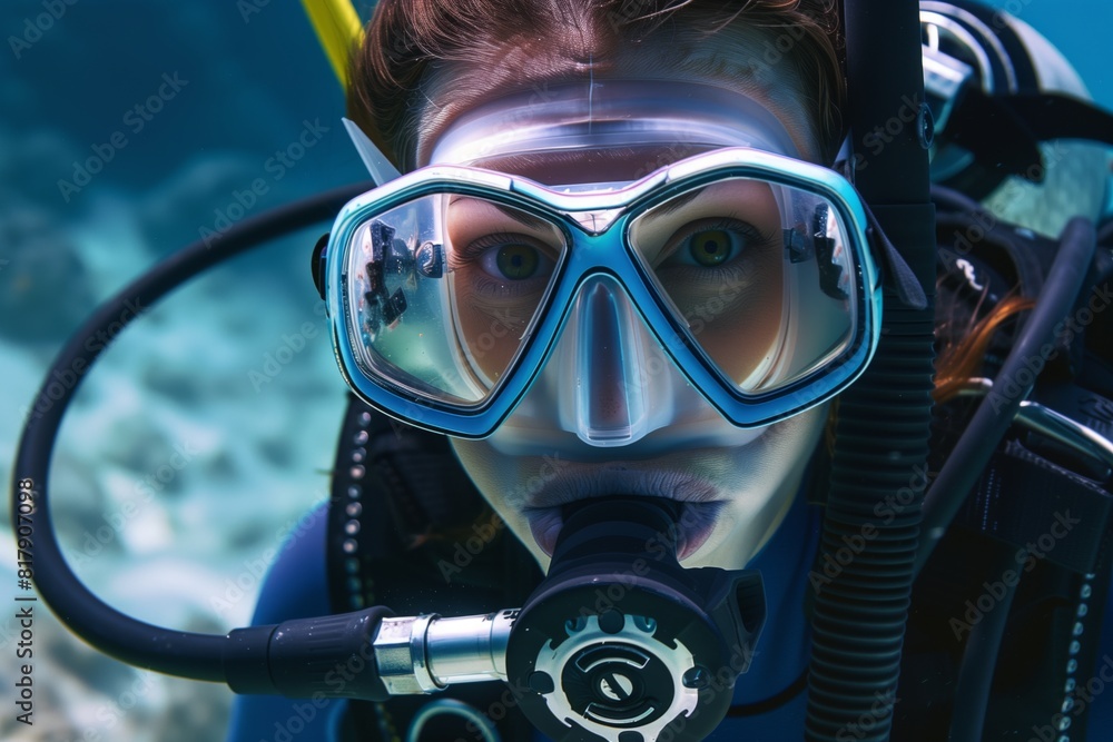 Close-up of a scuba diver underwater, wearing a diving mask and breathing apparatus while exploring the ocean. Close-up of a scuba diver underwater, wearing a diving mask and breathing apparatus while exploring the ocean.