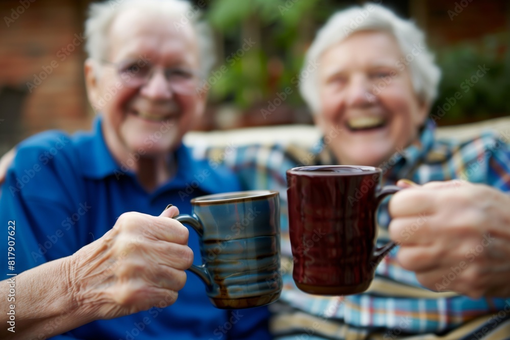 Two elderly people smiling and holding coffee mugs, enjoying a moment together outdoors. The focus is on their hands and mugs. Two elderly people smiling and holding coffee mugs, enjoying a moment together outdoors. The focus is on their hands and mugs.