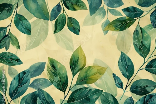 An illustration of pencil hand drawn green plants and leaves pattern type for printing or product background use with a off white backdrop, Generative AI. © Electro Unicorn