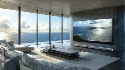 a living room with an oversized TV mounted on the wall  framed by large windows offering breathtaking sea views  while a cozy sofa and coffee table set the scene for a warm and inviting atmosphere.