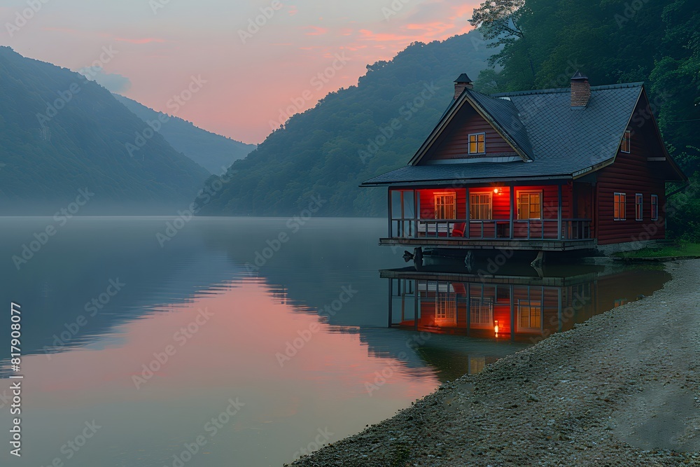 Fototapeta premium Tranquil Lakeside Cabin at Sunrise with Reflective Waters and Lush Forest Background