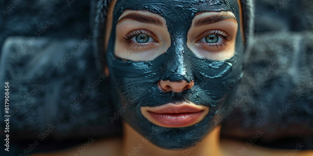 Woman is wearing a black charcoal mud mask for facial care lying down, facial care, cleansing peeling mask at the spa
Woman is wearing a black charcoal mud mask for facial care lying down, facial care, cleansing peeling mask at the spa