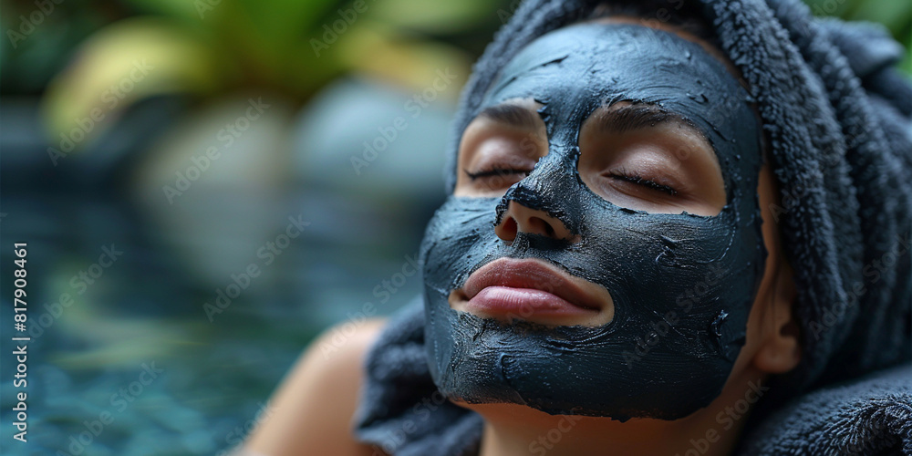 Woman is wearing a black charcoal mud mask for facial care lying down, facial care, cleansing peeling mask at the spa
Woman is wearing a black charcoal mud mask for facial care lying down, facial care, cleansing peeling mask at the spa