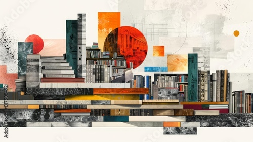 collage for Library and Books lovers, postmodern art style, white background