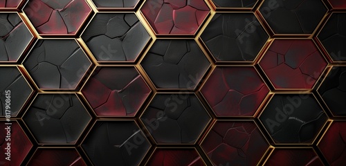Abstract background, hexa gone patterns in black and maroon color with bold golden lines, mosaic pattern photo