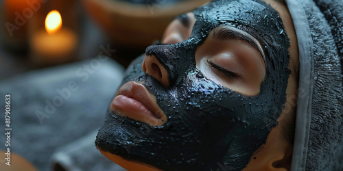 Woman is wearing a black charcoal mud mask for facial care lying down, facial care, cleansing peeling mask at the spa	
 photo